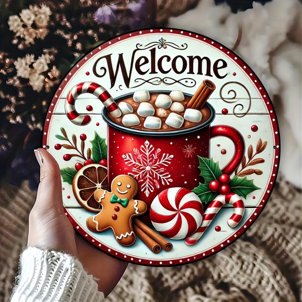 Hliníková fólie vyřezávaná vánoční uvítací cedule - kulaté dekorační talíře 8x8 palců s perníčky a svátečním věncem pro pokoje, stěny