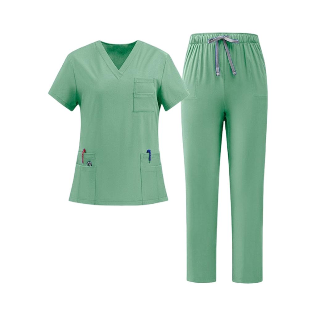 Women Nurse Scrub Set Quick Dry Fabric V Neck Short Sleeve Top with Pockets and Elastic Waist Drawstring Pants Medical Uniform