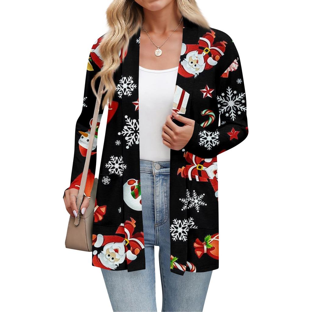 Damski świąteczny kardigan z nadrukiem, lekki, z długim rękawem, casualowy, luźny, cienki, z kieszeniami, kurtka kardigan