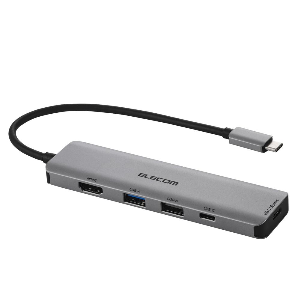 ELECOM Hub Docking PD 140W x x HDMI 4K USB-C Station, 5-in-1, Compatible, USB-C 2, USB-A 3, 60Hz, Silver, DST-050BP1SV