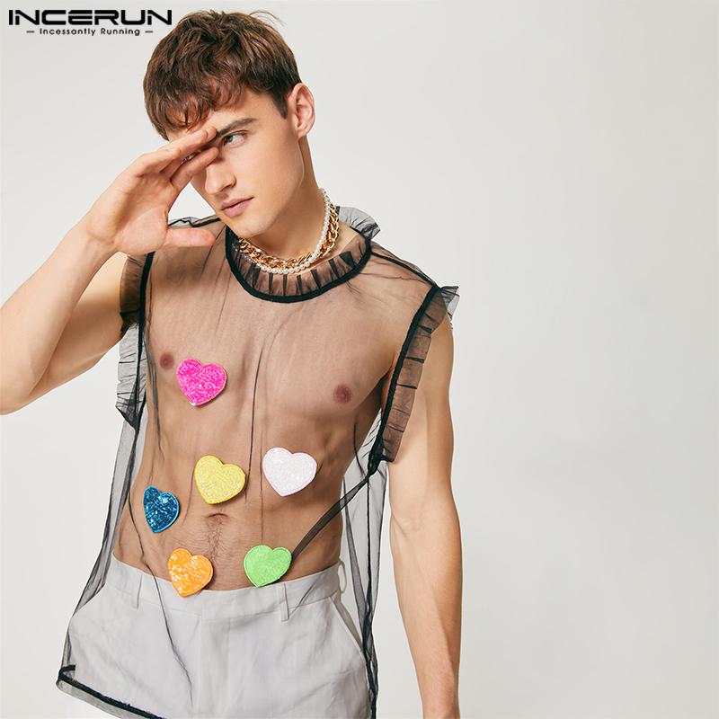 

INCERUN, летняя мужская прозрачная жилетка в форме сердца, блузка, необычные уникальные свободные майки для пляжной вечеринки, большие размеры