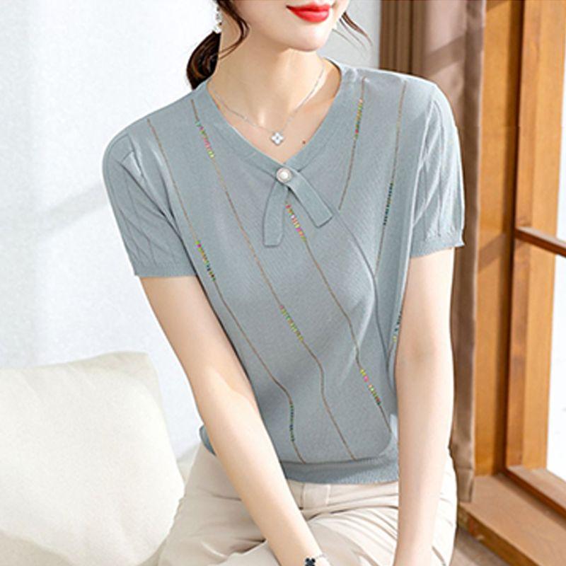 Ice Silk Short Sleeved Women's Knitted T-shirt Mom Summer T-shirt Loose and Thin Small Top