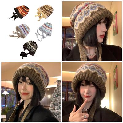 Ethnische gestreifte Mütze ohne Schirm für Streetwear Bequeme dehnbare Mütze für Herbst Winter Pullovermütze für Damen für den täglichen Gebrauch