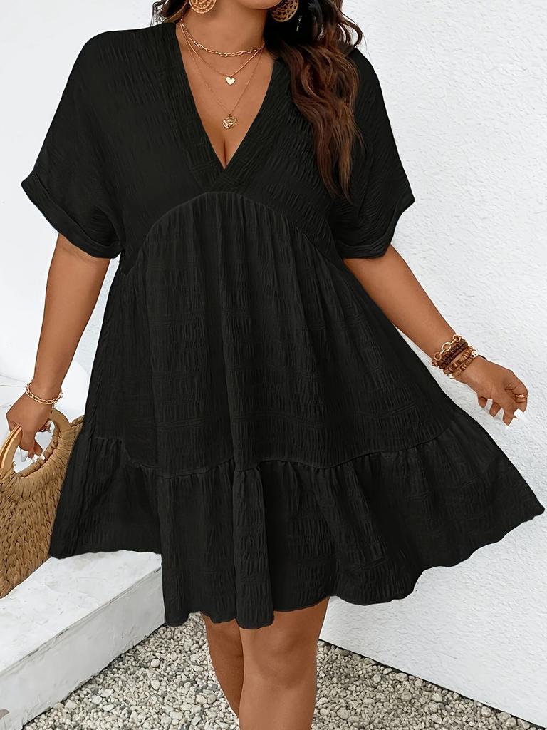 2026 summer V-neck dress for women, short-sleeved loose pleated A-shaped thin short skirt