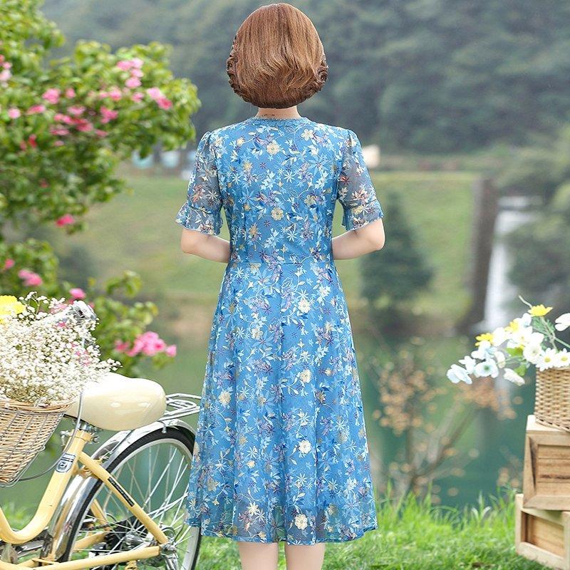 Frauen Sommer Casual Kleid Damen Mittleren Alters Print Kurzarm Plissee Kleider Weibliche Vintage V-Ausschnitt Vestidos