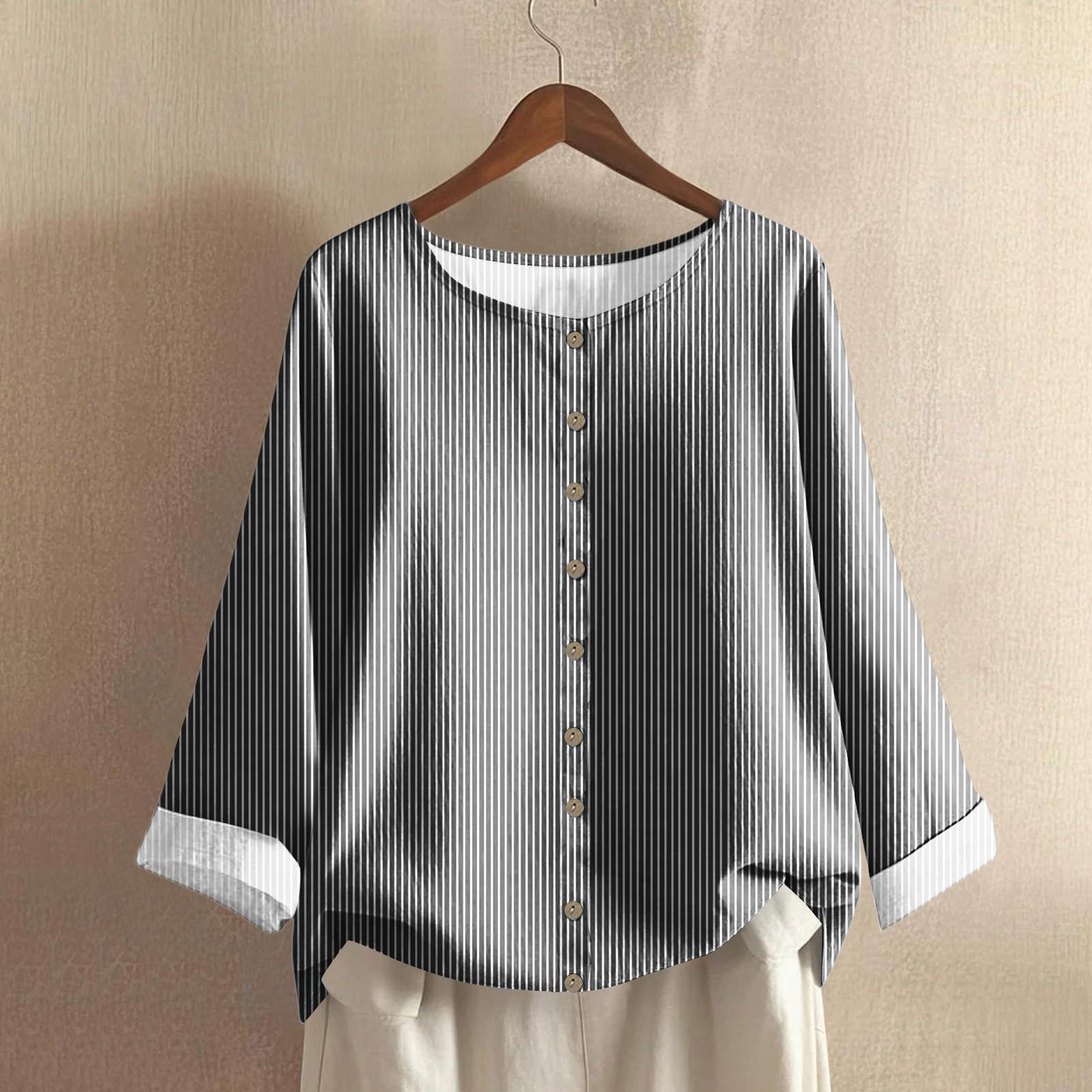 

Women s Casual Long-sleeved Round Neck Retro Striped Geometric Print Cotton And Linen Top XXL