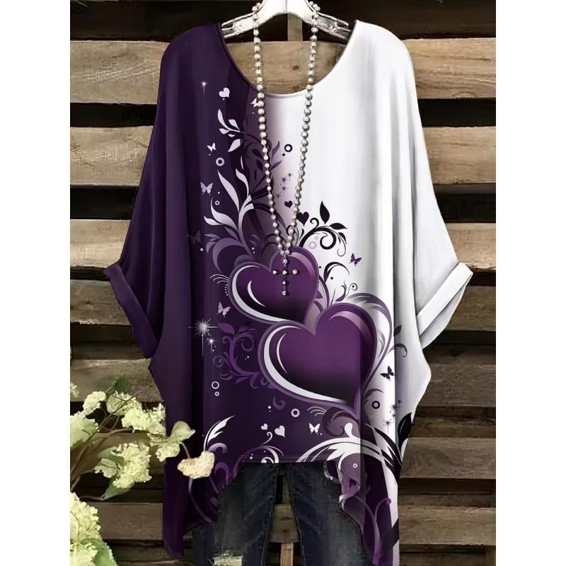 Elegantes Bohemian Chic Übergroßes Einfaches Retro Liebesdruck Druck Damen T-Shirt Asymmetrischer Saum Rundhalsausschnitt Vielseitige Damenbekleidung