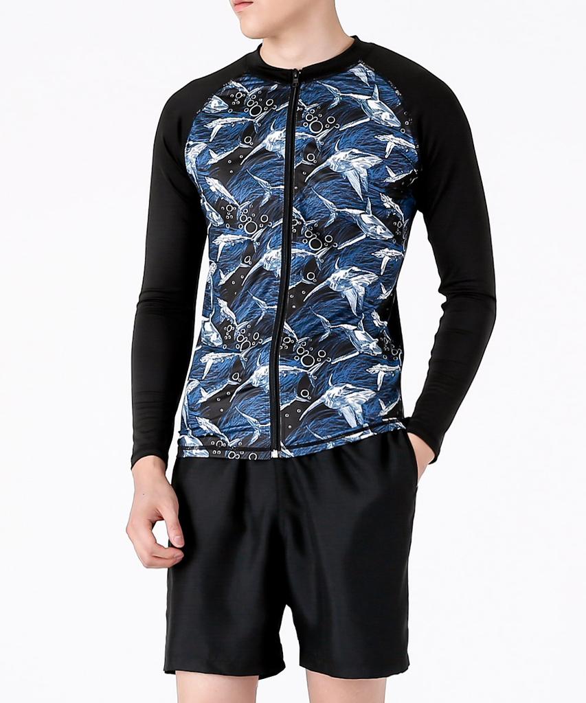 Dangun Cool Air Shark Print Zip-Up Long Sleeve Rash Guard