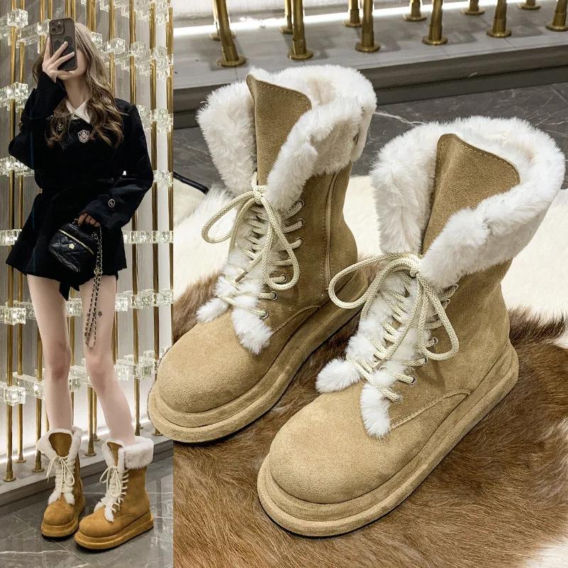 New Autumn Winter Women's Thick Soled Anti Slip and Wear-resistant Snow Boots with Integrated Fur and Plush Thick and Warm Boots
