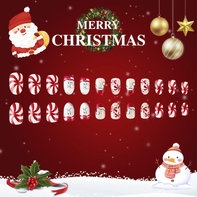 24Pcs Christmas Press On Nail Snowflake Design Full Cover Acrylic False Nail Stick on Nail Women’s Nail Accessories