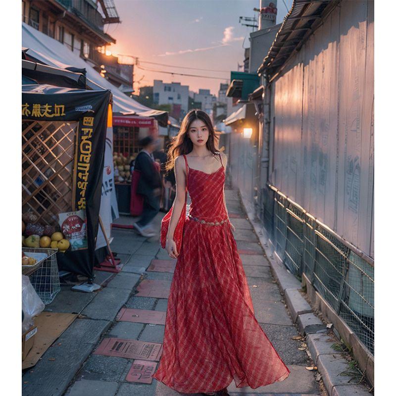 

Romantic Spring Swing Retro Red Plaid High Waist Slim Looking Dress Women s Summer French Style Vacation Suspender Dress
