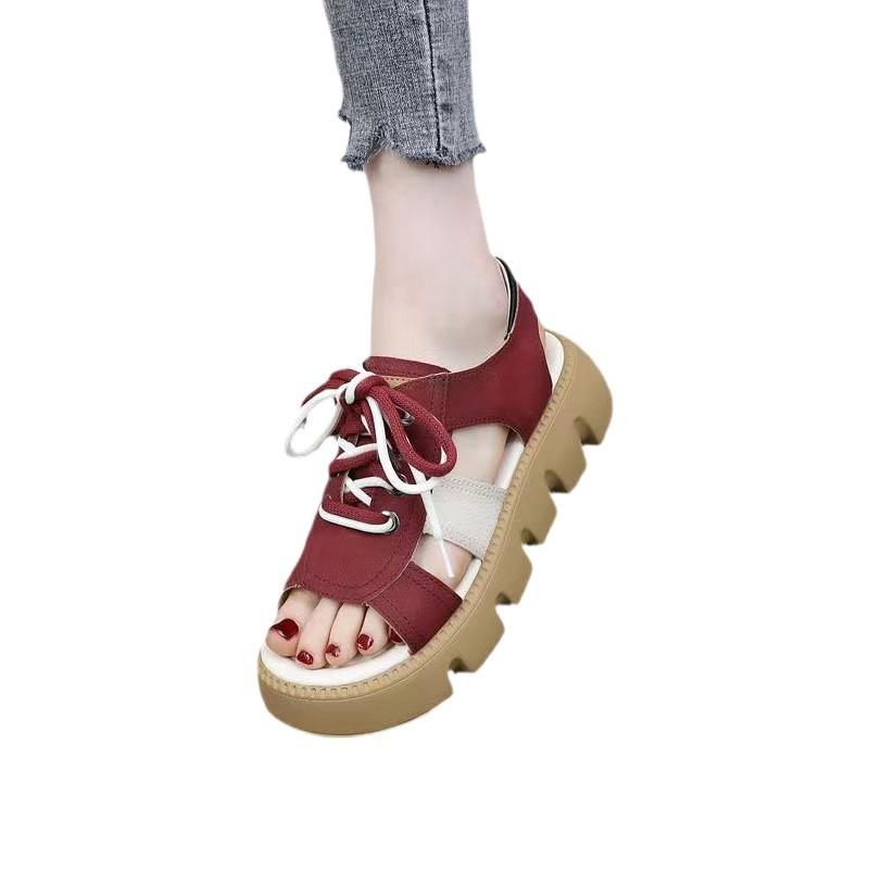 Soft Leather Women's Sandals Spring and Summer Fashion Color Matching Muffin Bottom Thick Sole Outer Wear Flat Bottom Lace-up Beach Roman Sandals