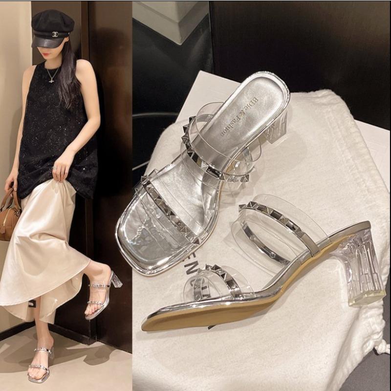 Butterfly-Knot Med Shoes Woman 2025 Glitter Slides Slippers Casual Square Heel Pantofle Jelly Luxury Block New Butterfly-knot