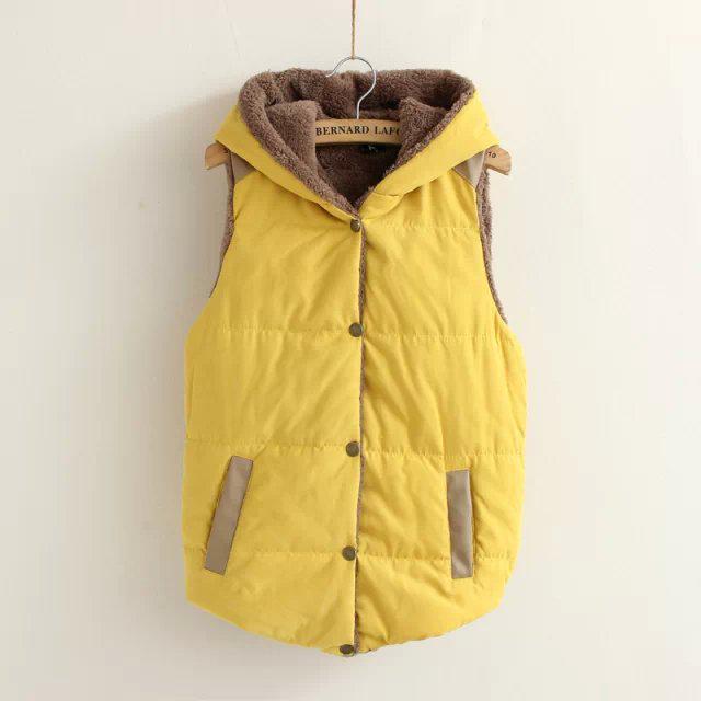 Women Coat Vest Coral Cotton Leather Fleece Hooded Patchwork for Female Outerwear Waistcoat