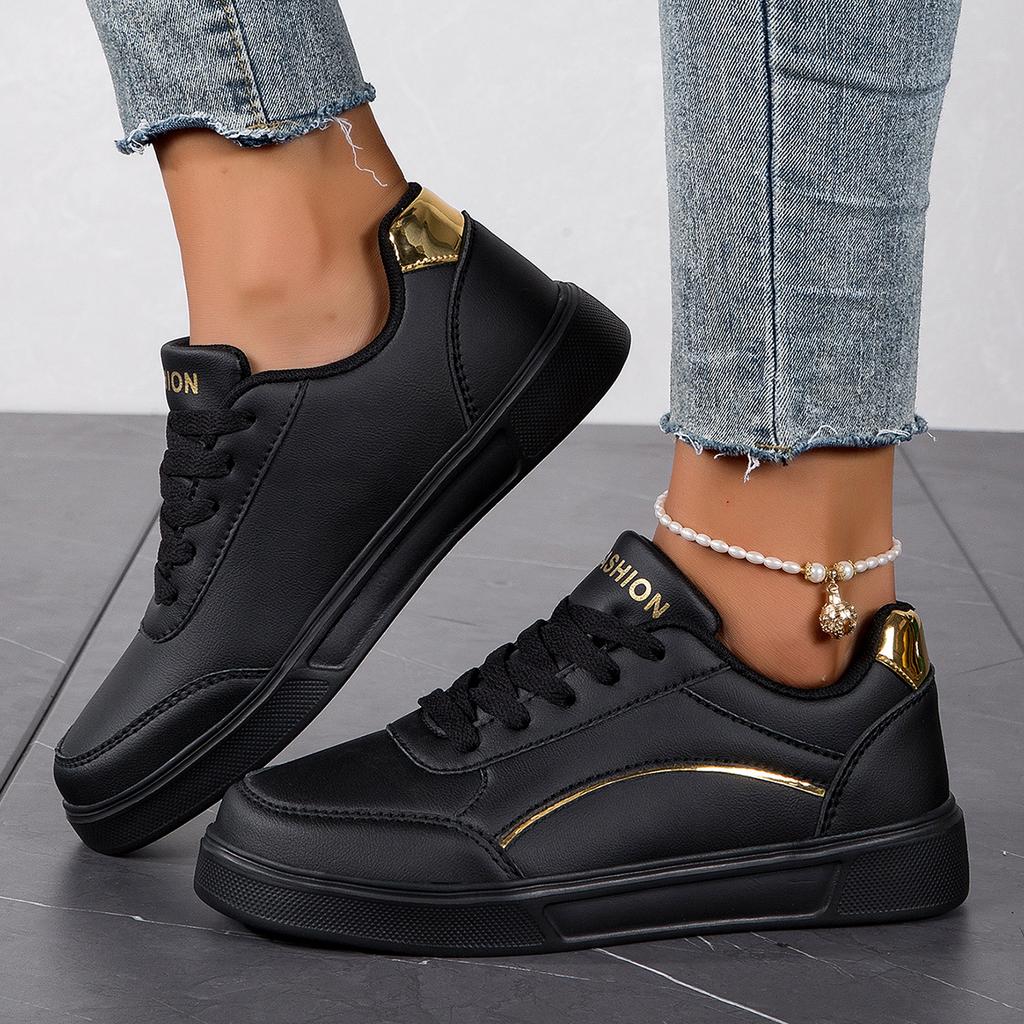 2025 Women's Shoes Trendy Faux Leather Flat Heighten Skate Shoes, Wear Resistance Non Slip Lace Up Sneakers