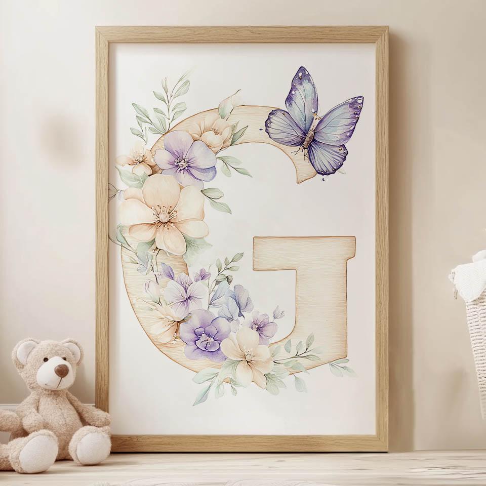 Floral Letter G With Butterfly Poster Floral Letter G With Butterfly Poster, 40X50 Cm, Gold Aluminum Frame, 230 Gsm Matte Paper