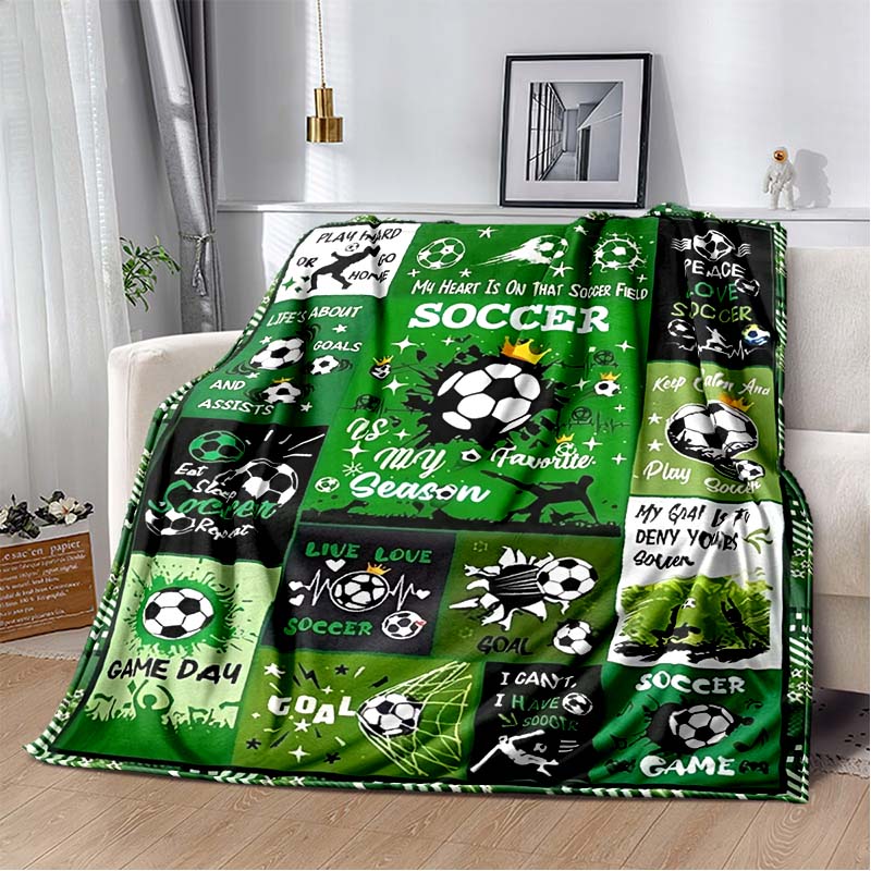 

Green Soccer Ball & Field Collage Soft Blanket, Sports Fan Cozy Cover 80cm x 120cm