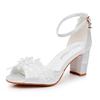 Damen Hoher Absatz Kleid Party Sandale Schnallenriemen 7CM Quadratischer Absatz Flacher Mund Spitze Blume Braut Hochzeit Seidenstoff Damenschuh