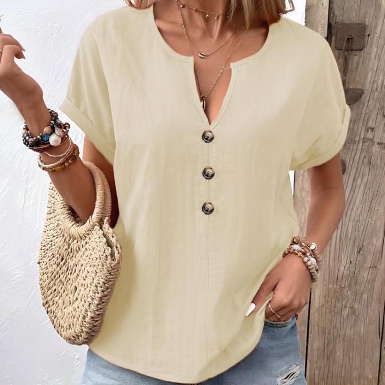 Short Sleeve Summer Women Shirt Casual V Neck Button Down Solid Color Top