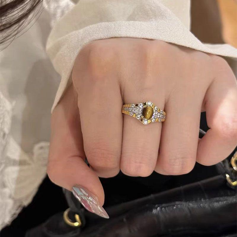 Monica Niche Brushed Tiger Eye Ring with Sparkling Zirconia for Women - Elegantly Luxurious Adjustable Opening