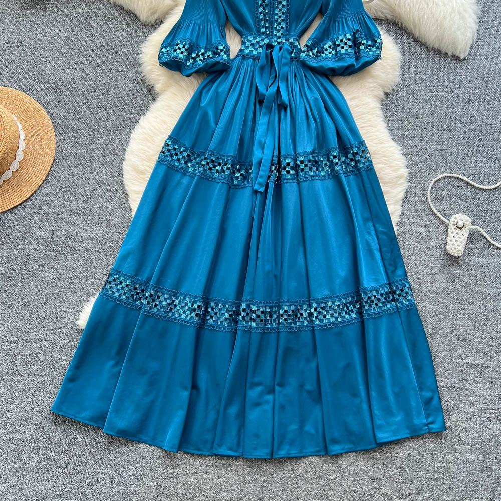 High-End Heavywork Lacing Paillette-Panel Waist-Banding Lantern Sleeve Maxi Dress for Women Autumn Charming Long Women Dress