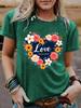 Women's Short-Sleeve Floral Heart T-Shirt - Loose Casual, Round Neck Tee
