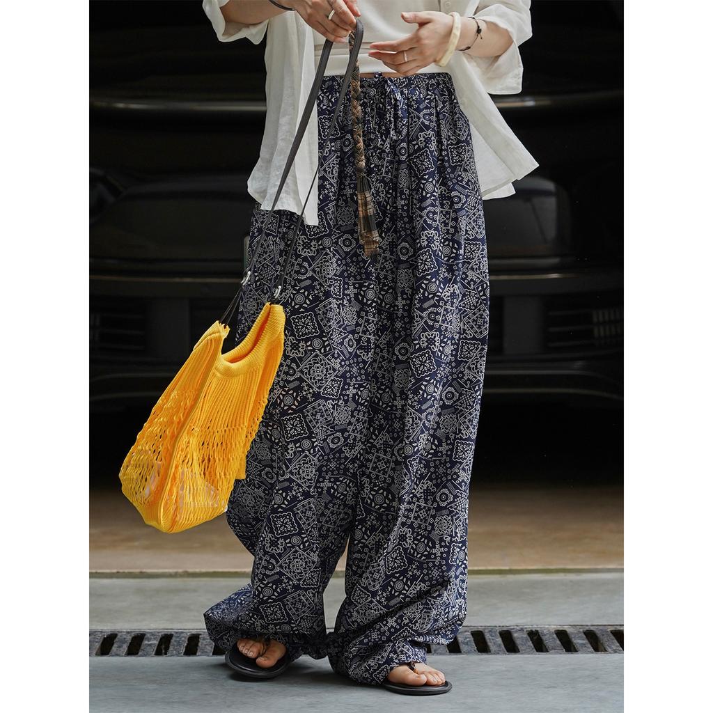 Johnature Bohemian Ethnic Style Cashew Flower Wide-leg Casual Women Pants Summer Long Casual Trousers
