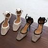 Fashion Luxury Mesh Rhinestone Designer Sandals Fashion Buckle Ankle Strap Square Toe women Slide Sandals summer Sexy Hollow Ladies Shoe