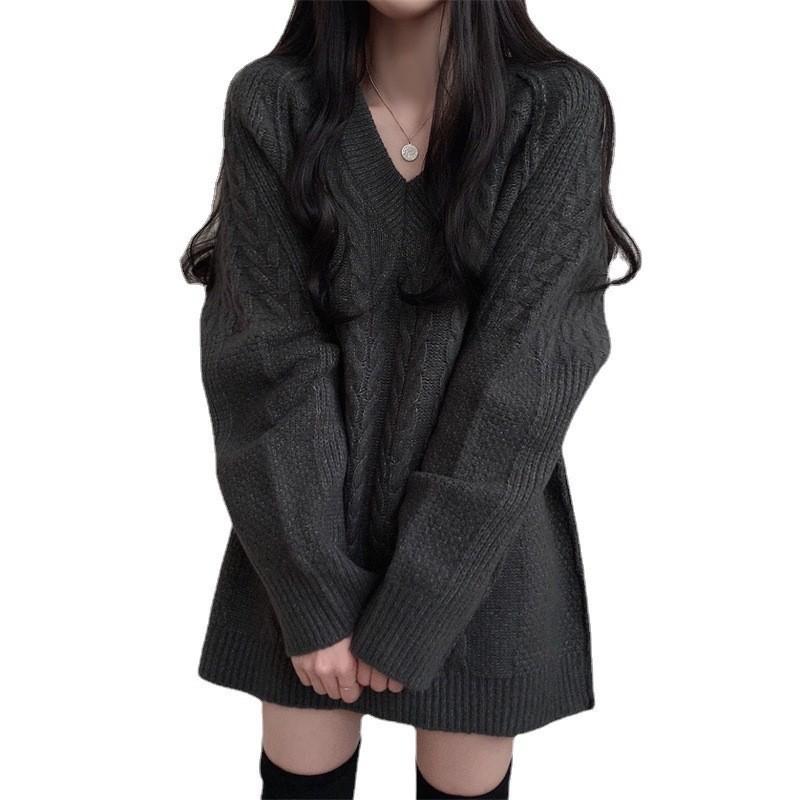 Herbst/Winter V-Ausschnitt Pullover Damen Mittellang Einfarbig Strickpullover