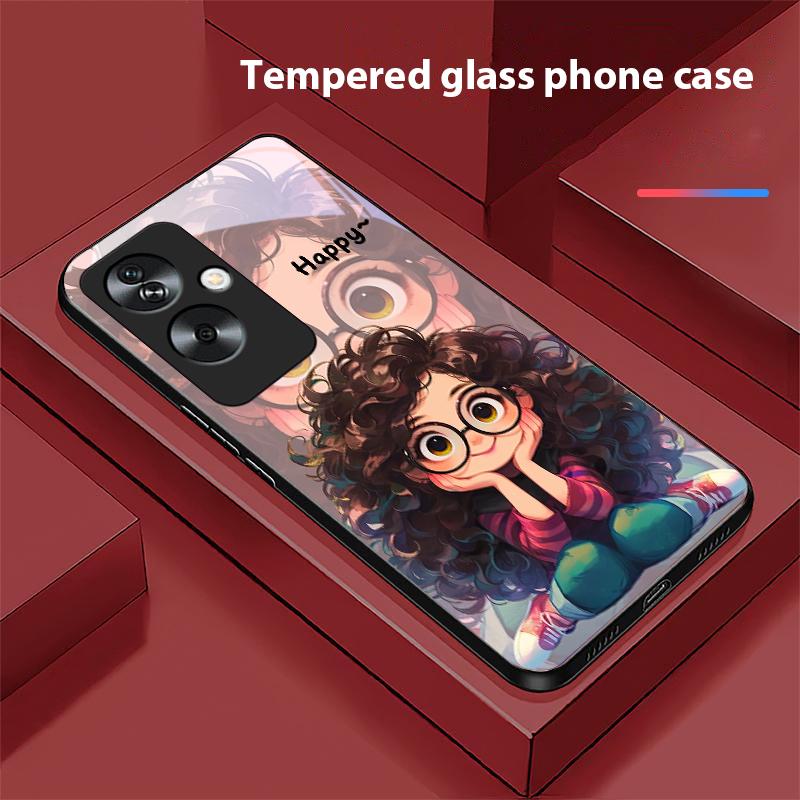 Mädchen mit lockigen Haaren Für Oppo A79 5G 58 78 74 60 4G Reno 11F Realme GT 6 11 Note 50 10 C55 X2 Gehärtetes Glas Schwarze Handyhülle