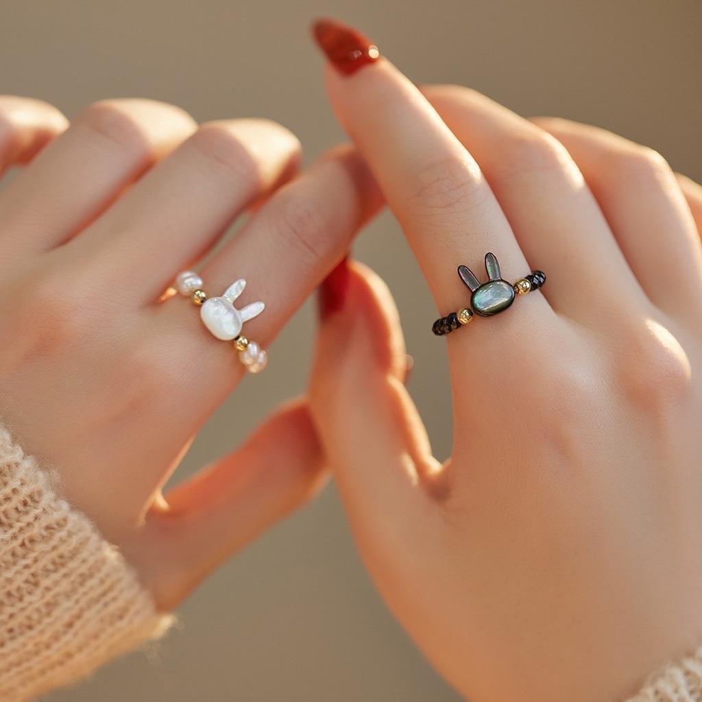 Shopkeeper's Recommendation Original design rabbit mother-of-pearl freshwater pearl rabbit ring joint tail ring for Japanese and Korean women