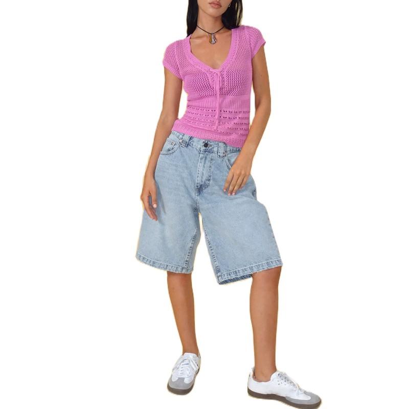 Damen Schlanke Denim Capri-Hose Mittlere Leibhöhe Ohne Stretch Baumwolle Street Style