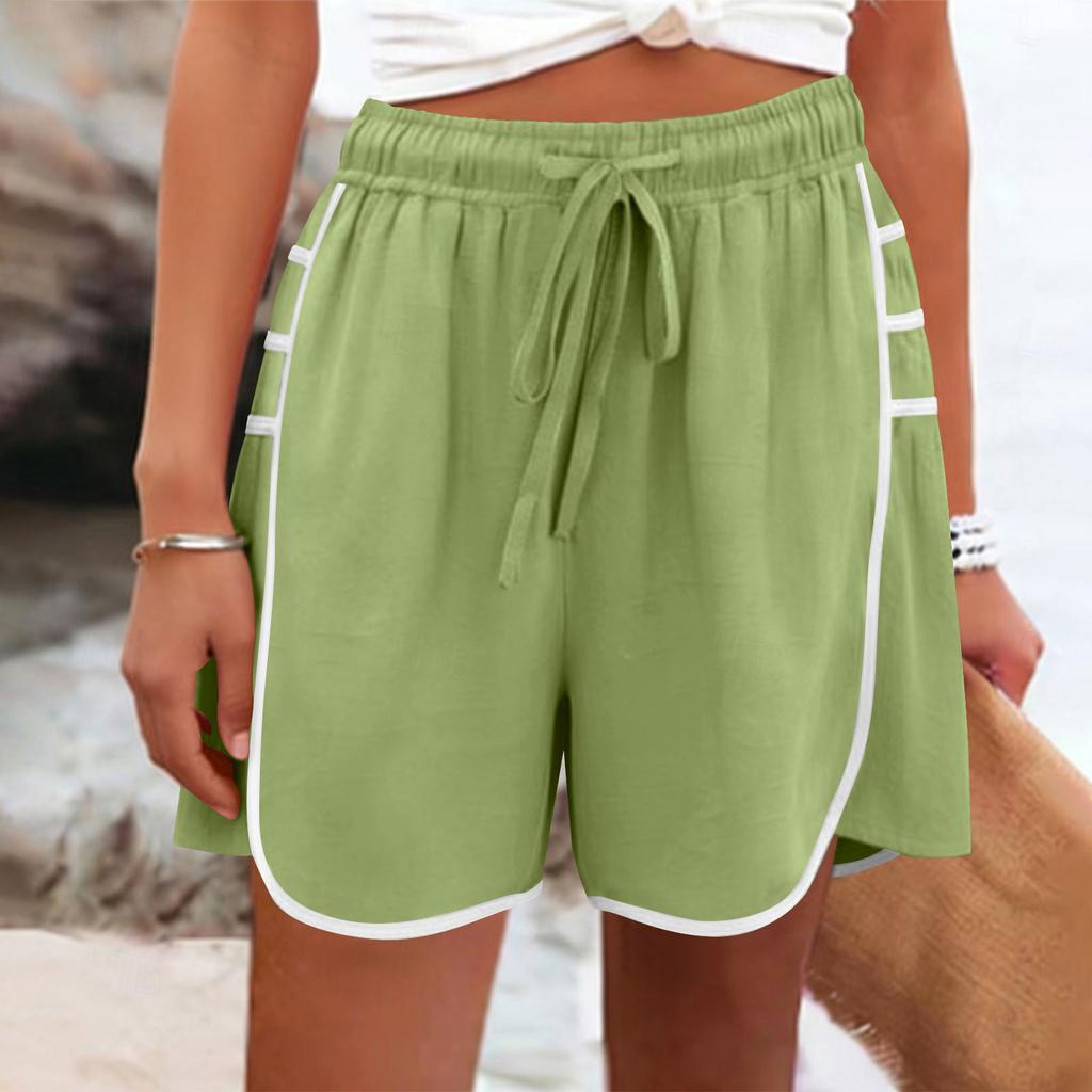 Women's Color Casual And Fashionable Drawstring Pocket Cotton And Linen Shorts