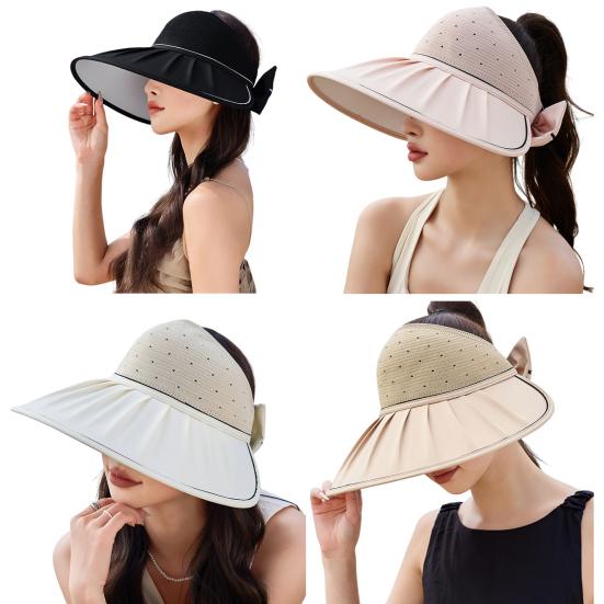 Women's Sun Visor Hat Summer Large Brim Fishing Cap with Bow UV Protection Half Open Top Beach Hat for Hiking Travel