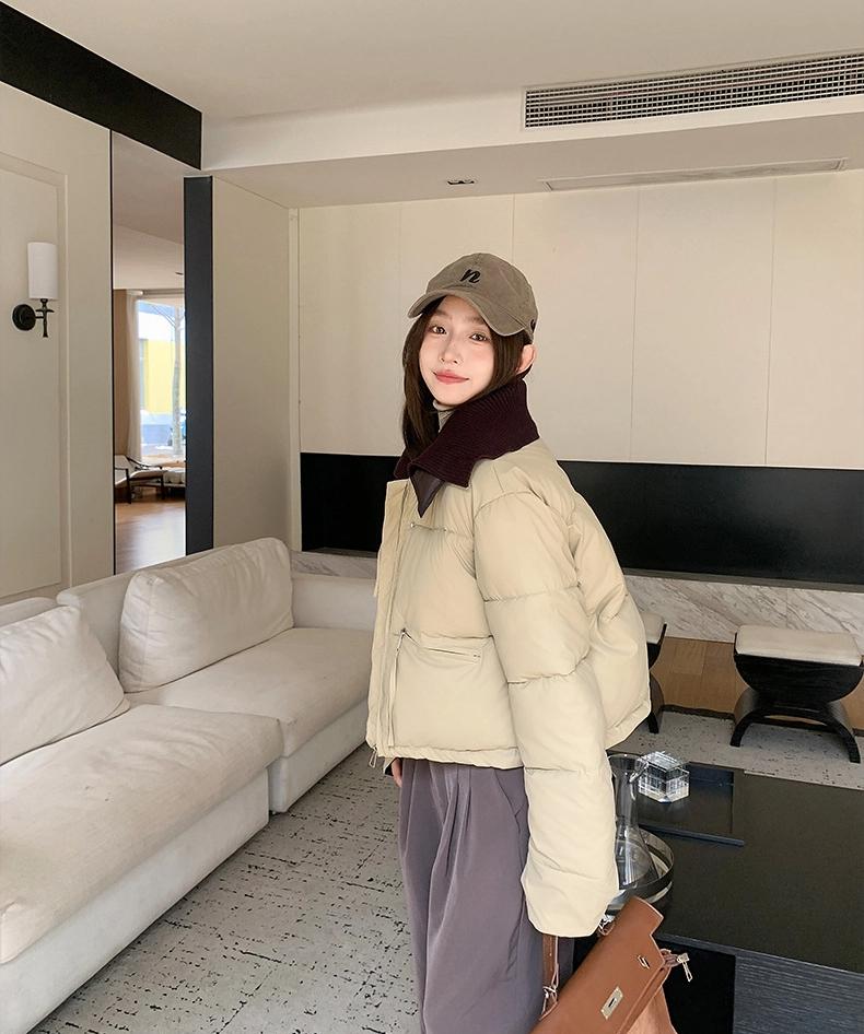 Knitted Lapel Short Down Jacket Women's Winter Thickened PU Leather Stitching Jacket