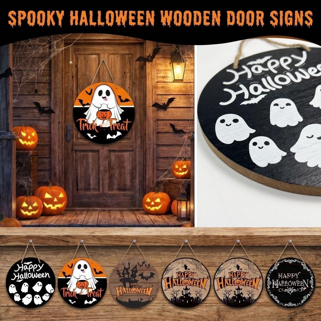 Wooden Hanging Halloween Sign Party Decoration Ghost Design Wall Ornament Rustic Style Door Plaque for Seasonal Indoor Outdoor Use