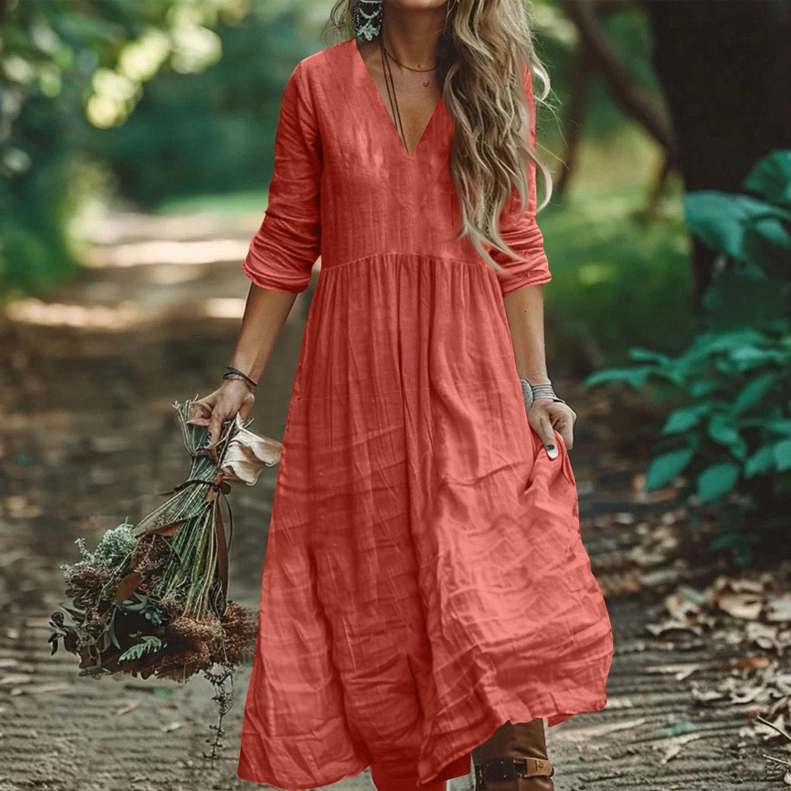 

Women s Fashionable Cotton And Linen V-neck Color Long Sleeve Loose Pocket Dress XL помаранчевий
