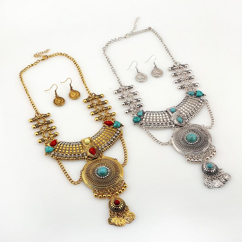 Ethnic Style Simulation Gemstone Decoration Women Necklace And Earring Set