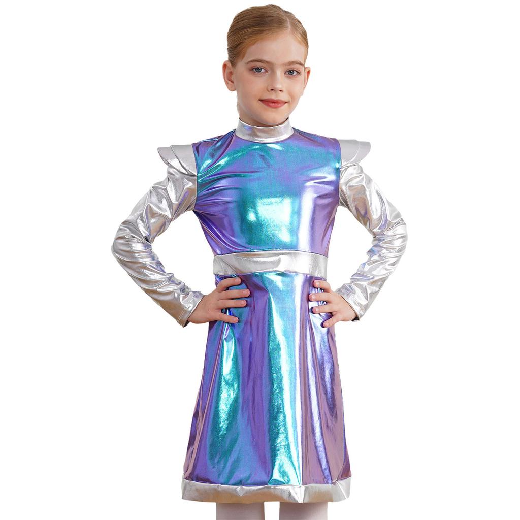 Girls Outer Space Cutie Costume: Shimmering PU Patchwork Alien Dress for Halloween & Sci-Fi Role Play Parties