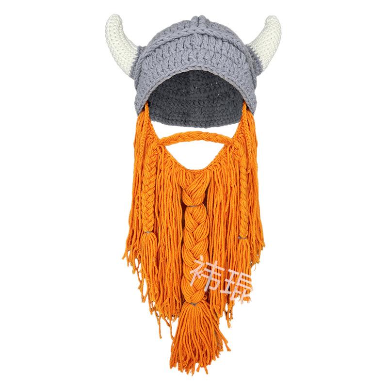 Beliebte Wikingerhornmütze, gestrickte Bartmütze aus Wolle für Damen und Herren, Herbst- und Winter-Handstrickmütze
