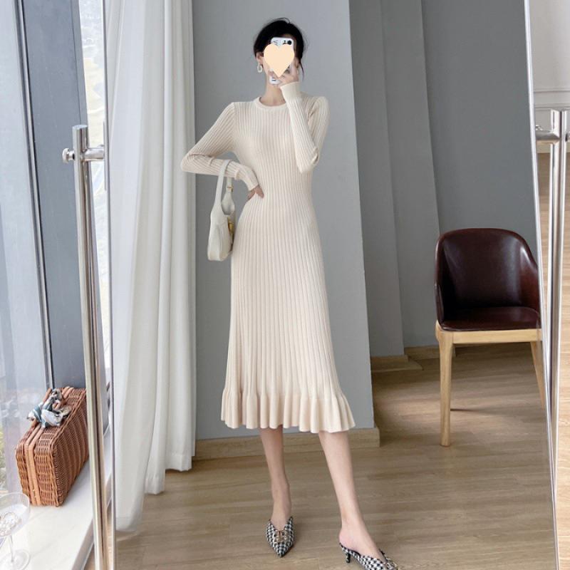 Knee-Length Ruffled Fishtail Sweater Dress for Women: Slim Fit Knit Skirt for Autumn/Winter