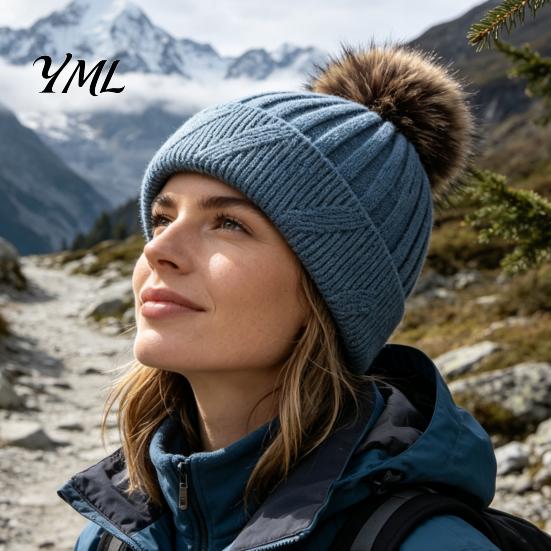 Cozy Knit Hats for Ponytails Winter Knitted Hat Women, Cold Weather Fleece Lined with Pom Breathable Warm Headwear Pom, Chunky Snow Hat, Soft
