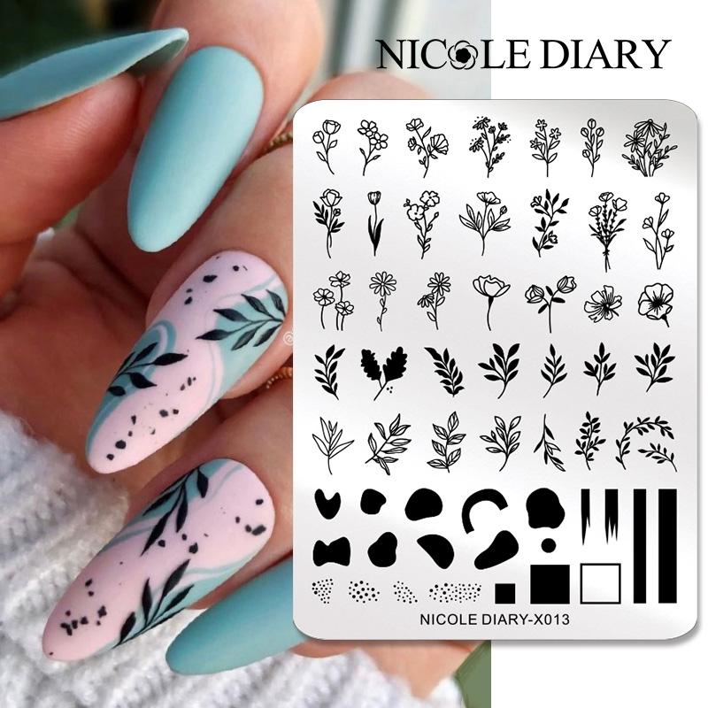 NICOLE DIARY Leaves Flower Nail Art Stamping Plates Drawing Template Geometric Stripe Line 3D Image Stencil Mold Printing Tools