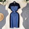 Internet Celebrity Niche Style Patchwork Denim Dress round Neck Short Sleeve