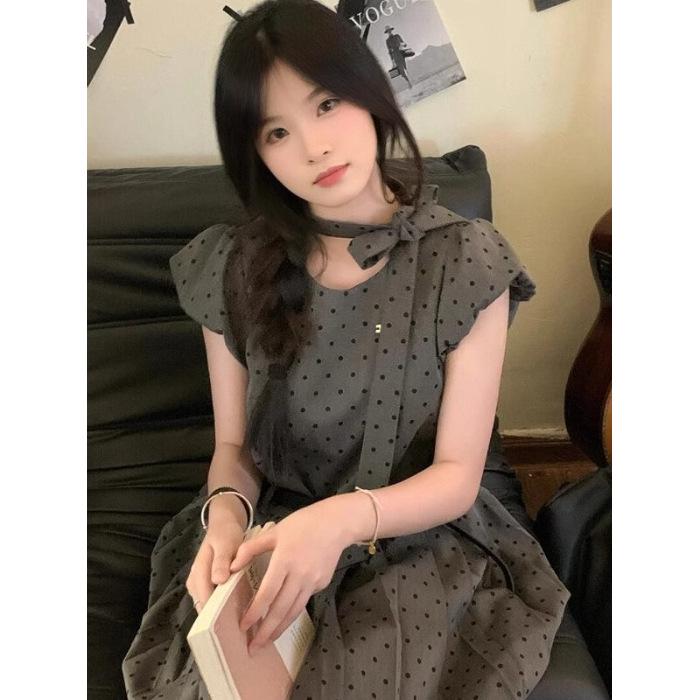 Women s Petite A-line French Grey Polka Dot Puff Sleeve Summer Dress - 2026 New Arrival 2X-Large