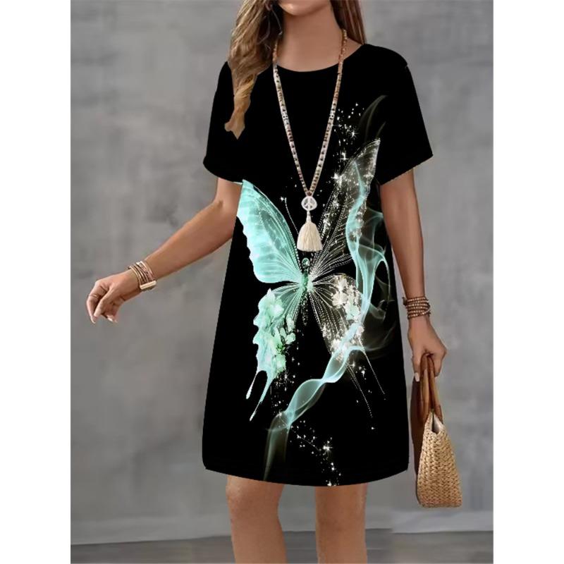 Women Dress Butterfly Pattern Printing Design Sense Pattern Summer Elegant Women A-Line Dress Casual Short Sleeve Mini Dress