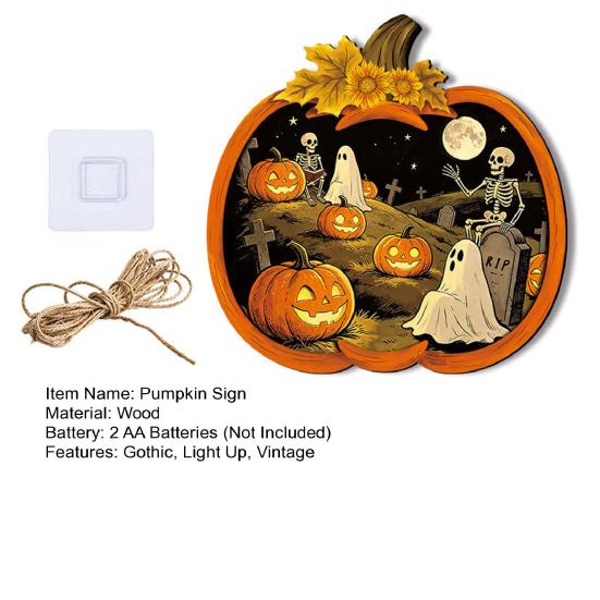 Mysterious Fantasy Home Decor Halloween Wooden Pumpkin Sign, LED Light Up Ghost Hanging Creepy Aesthetic Wall Sign for Indoor Outdoor Holiday