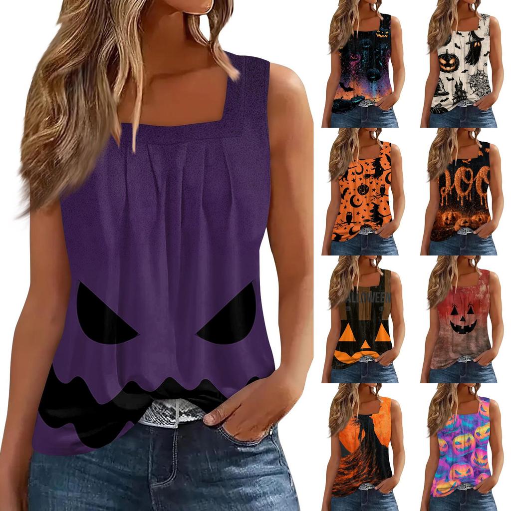 Women's Sleeveless Tank Top Square Neck Ruched Halloween Print Casual Summer Blouse Lightweight Soft Fabric