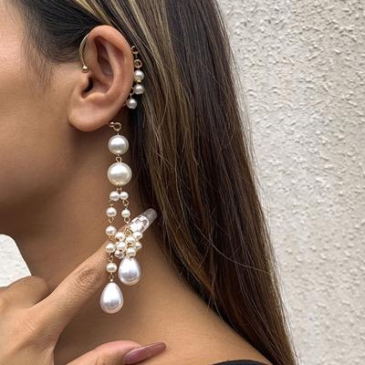 1Pc Clip Earring Imitation Pearls Long Tassel Jewelry Temperament Delicate Ear Cuff for Wedding