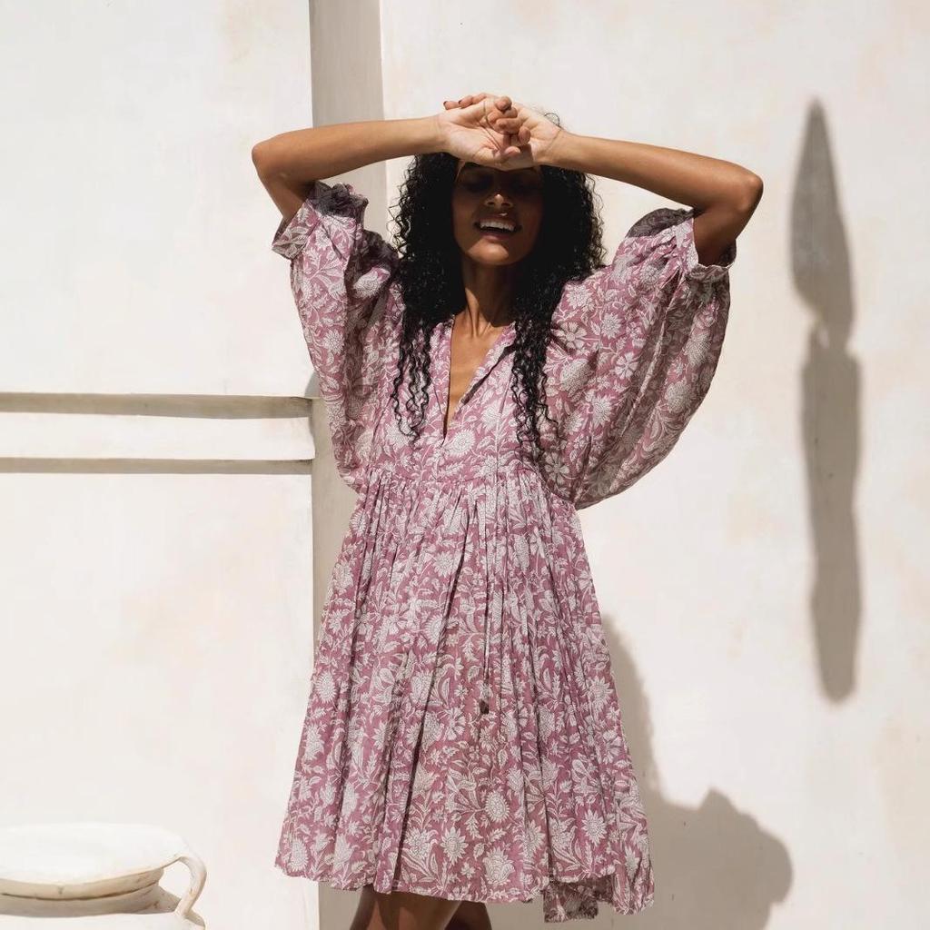 Women's Floral Tie-Back Casual Cotton Dress - Short Sleeve & Loose Fit for Beach Holidays